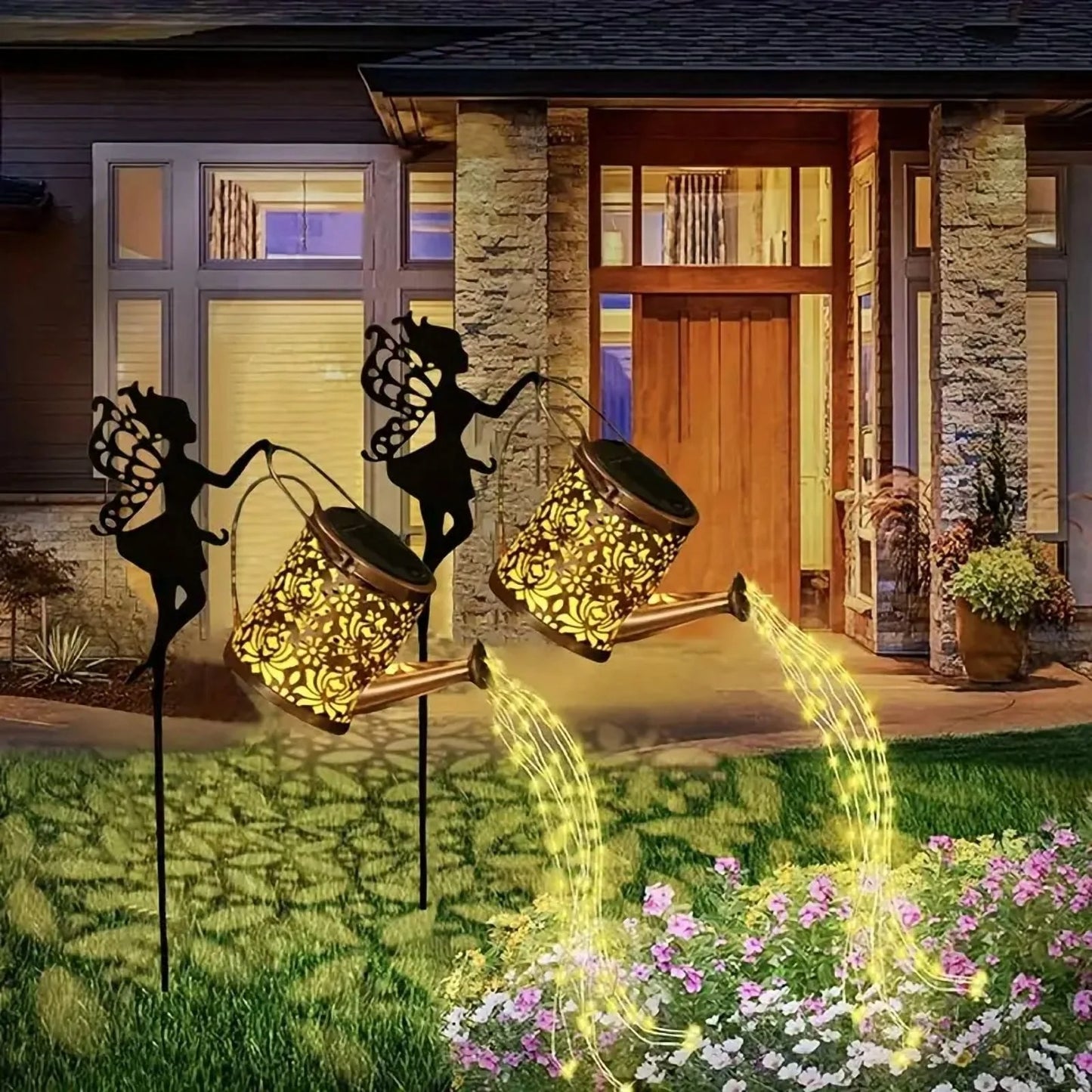 Solar Fairy Watering Can Lights Vintage Metal Garden Decor